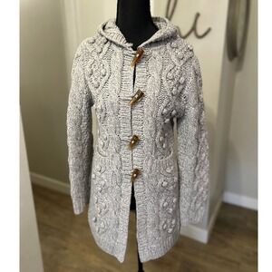 Chunky Cable Knit Grey Hooded Long Cardigan Sweater Coat Toggle Buttons Boho